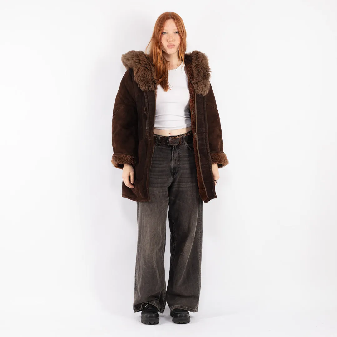 Vintage 70's Women Hooded Sheepskin Coat in Brown