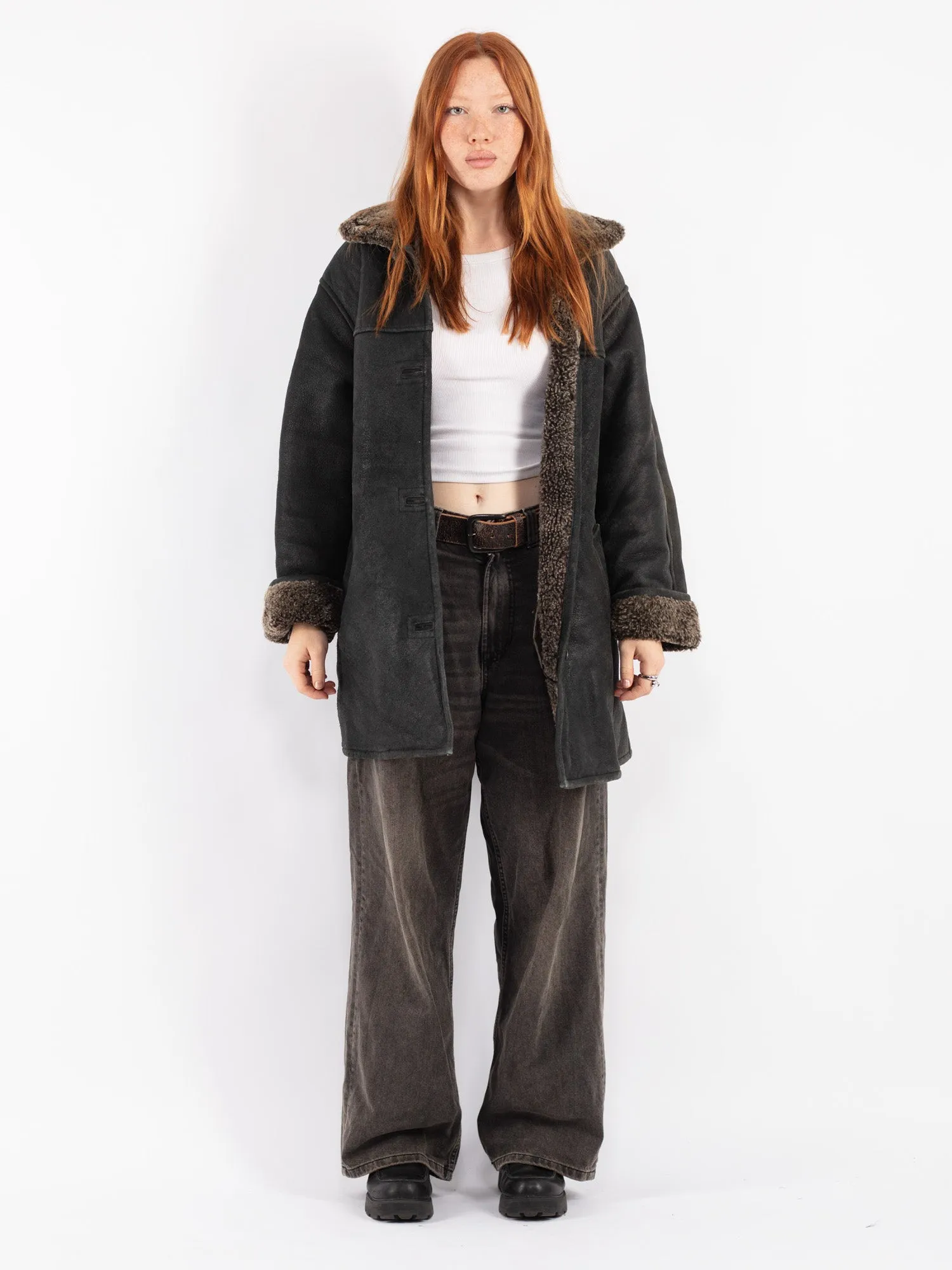 Vintage 80's Women Sheepskin Shearling Coat in Black