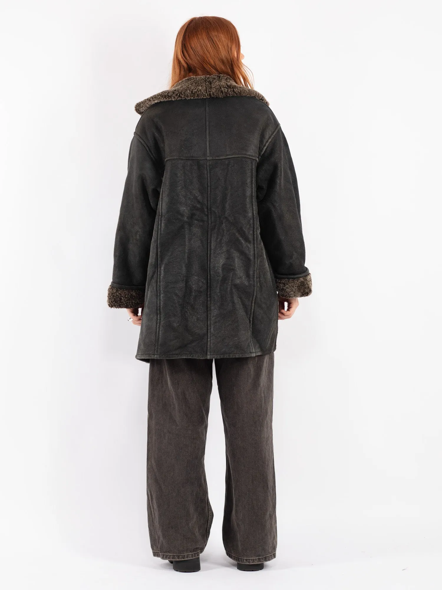 Vintage 80's Women Sheepskin Shearling Coat in Black