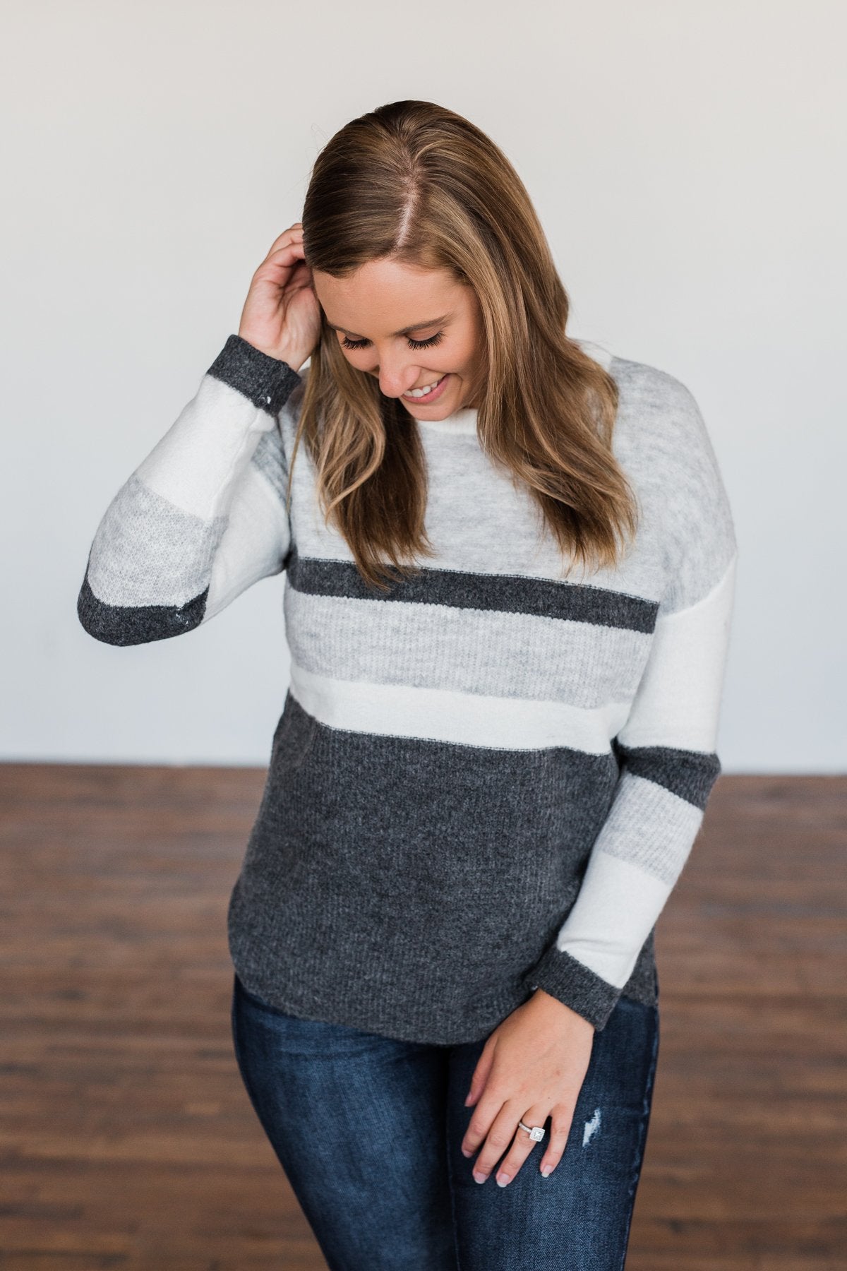 Wait A Minute Color Block Sweater- Ivory, Heather Grey, Charcoal