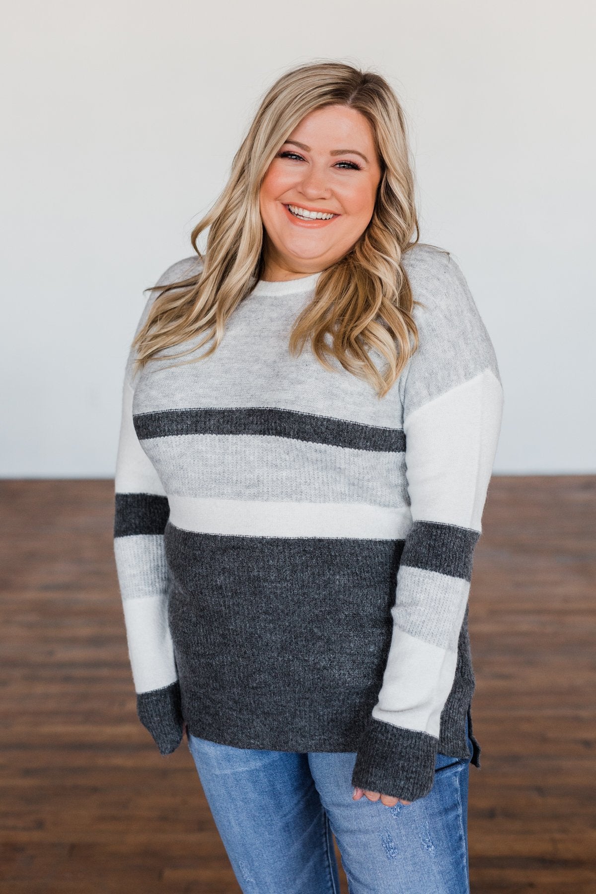 Wait A Minute Color Block Sweater- Ivory, Heather Grey, Charcoal