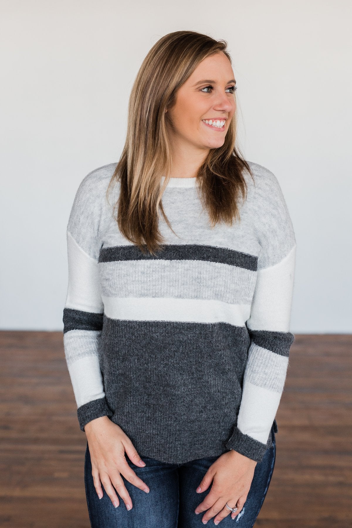 Wait A Minute Color Block Sweater- Ivory, Heather Grey, Charcoal