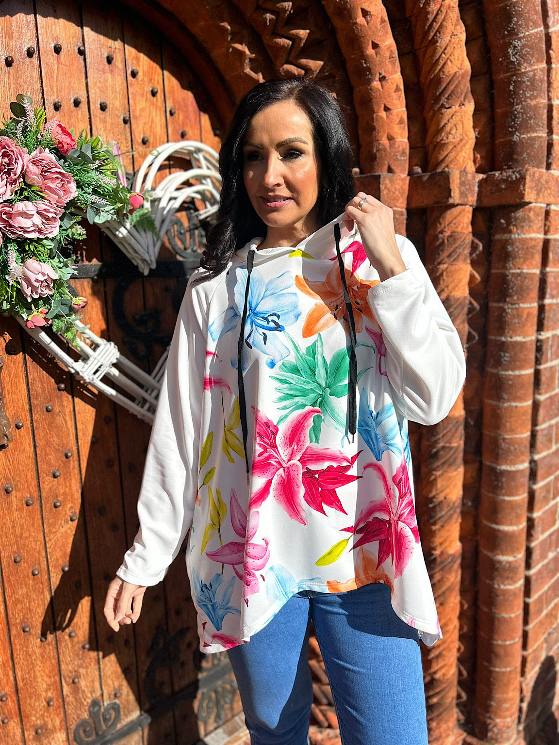 White Vibrant Lily Print Hoodie Justine