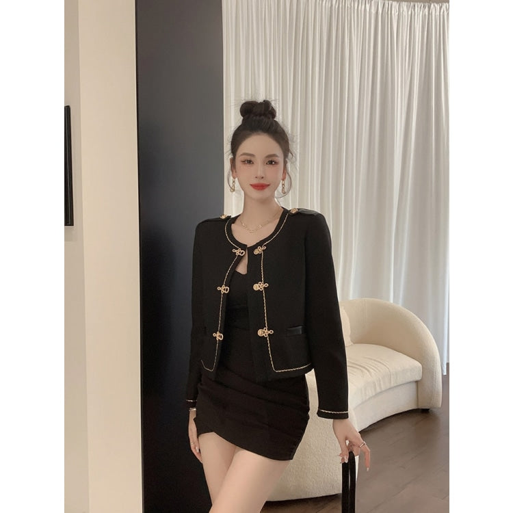 Winter Casual Black Color O-Neck Button Short Coat Jacket for Women