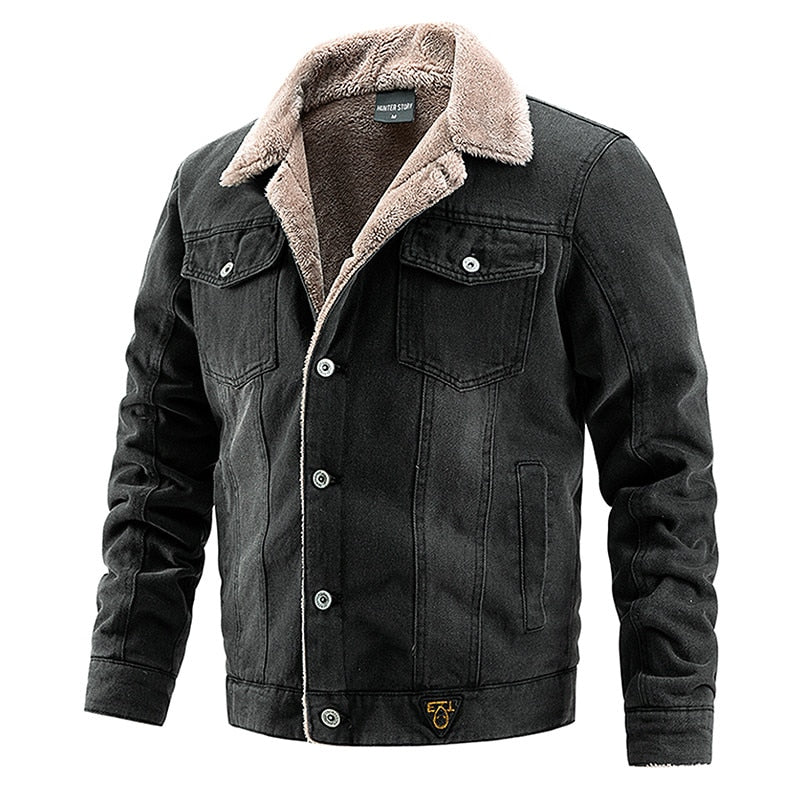 Winter Warm Men's Solid Denim Thick Padded Zipper Pockets Decor Jacket