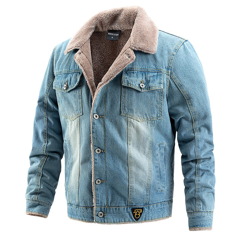 Winter Warm Men's Solid Denim Thick Padded Zipper Pockets Decor Jacket