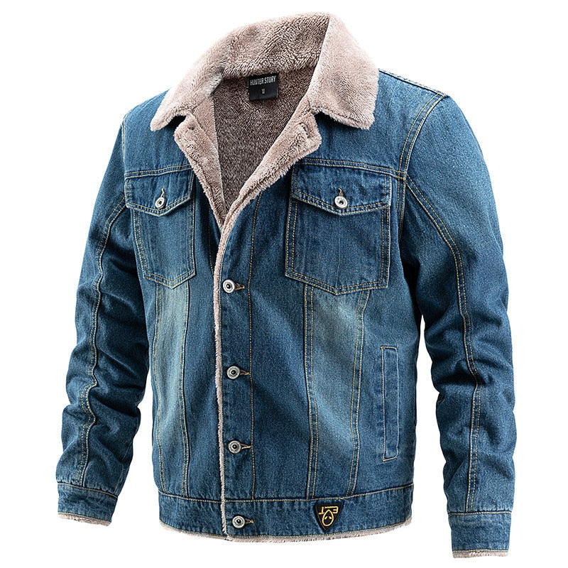 Winter Warm Men's Solid Denim Thick Padded Zipper Pockets Decor Jacket