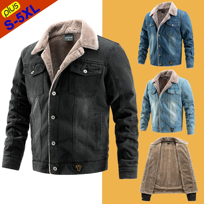 Winter Warm Men's Solid Denim Thick Padded Zipper Pockets Decor Jacket