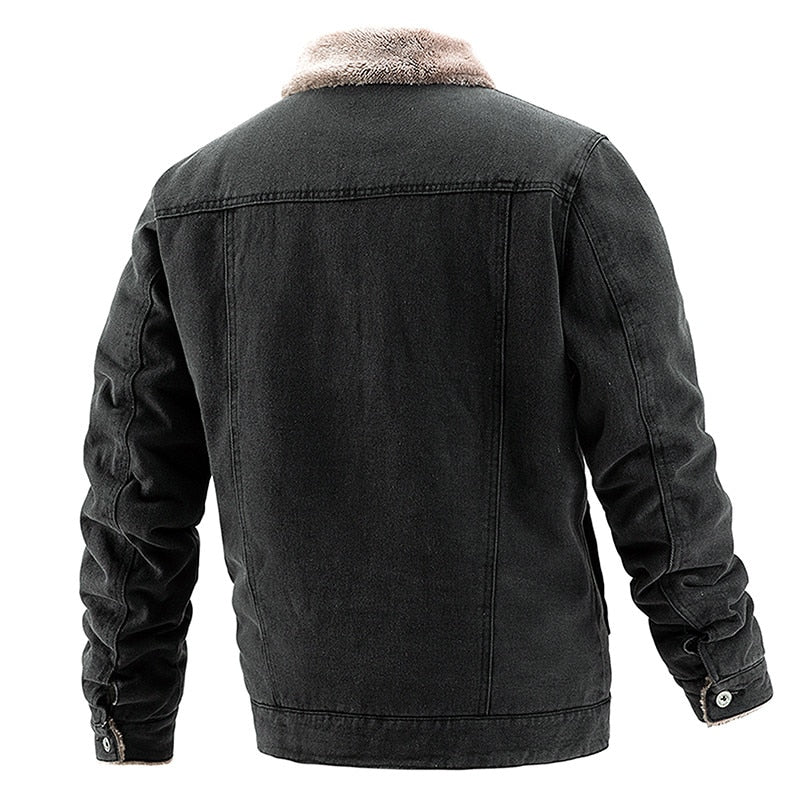 Winter Warm Men's Solid Denim Thick Padded Zipper Pockets Decor Jacket