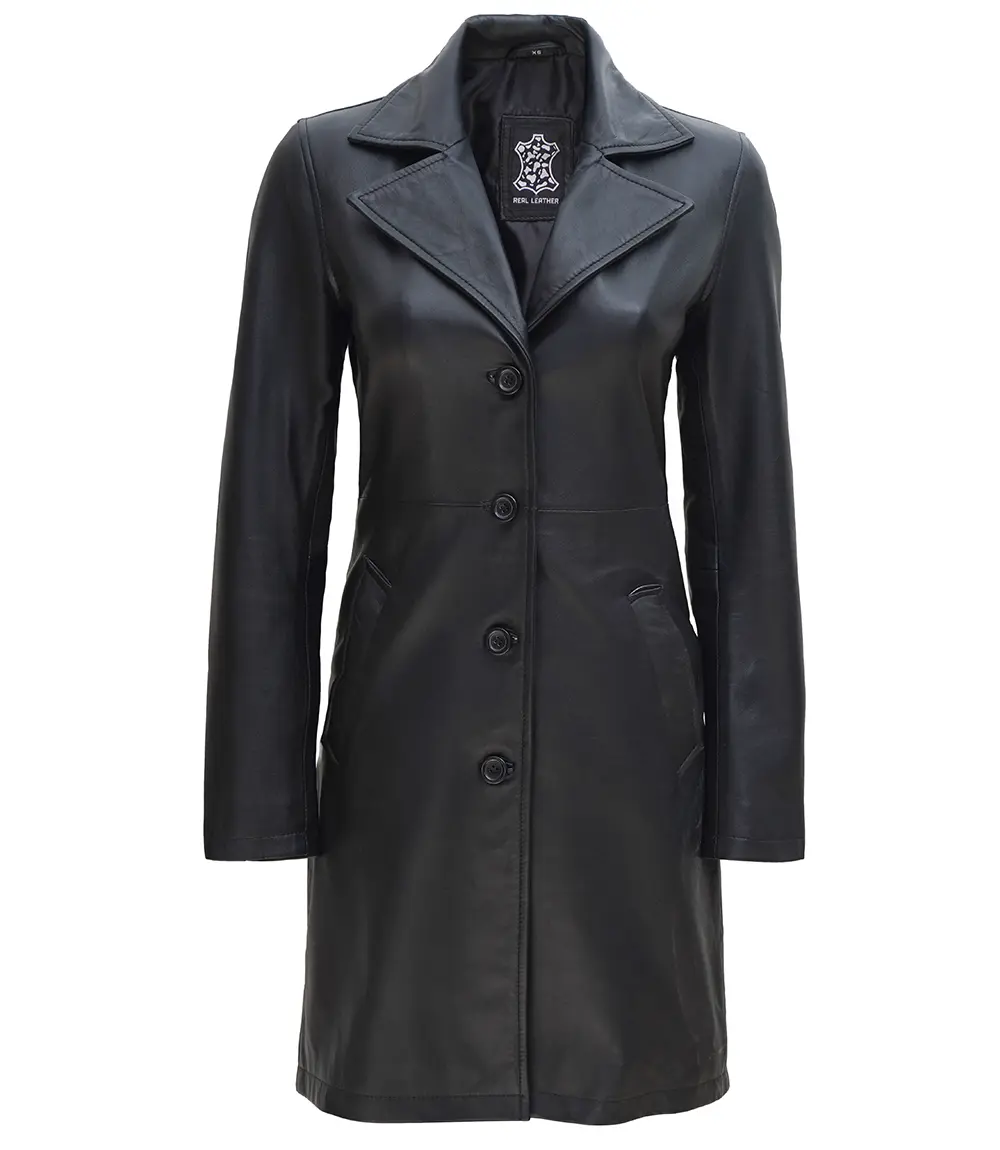 Women Petite Black Leather Car Coat