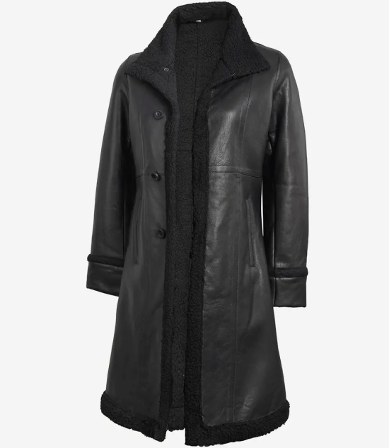 Women's Black Real Leather Shearling Coat