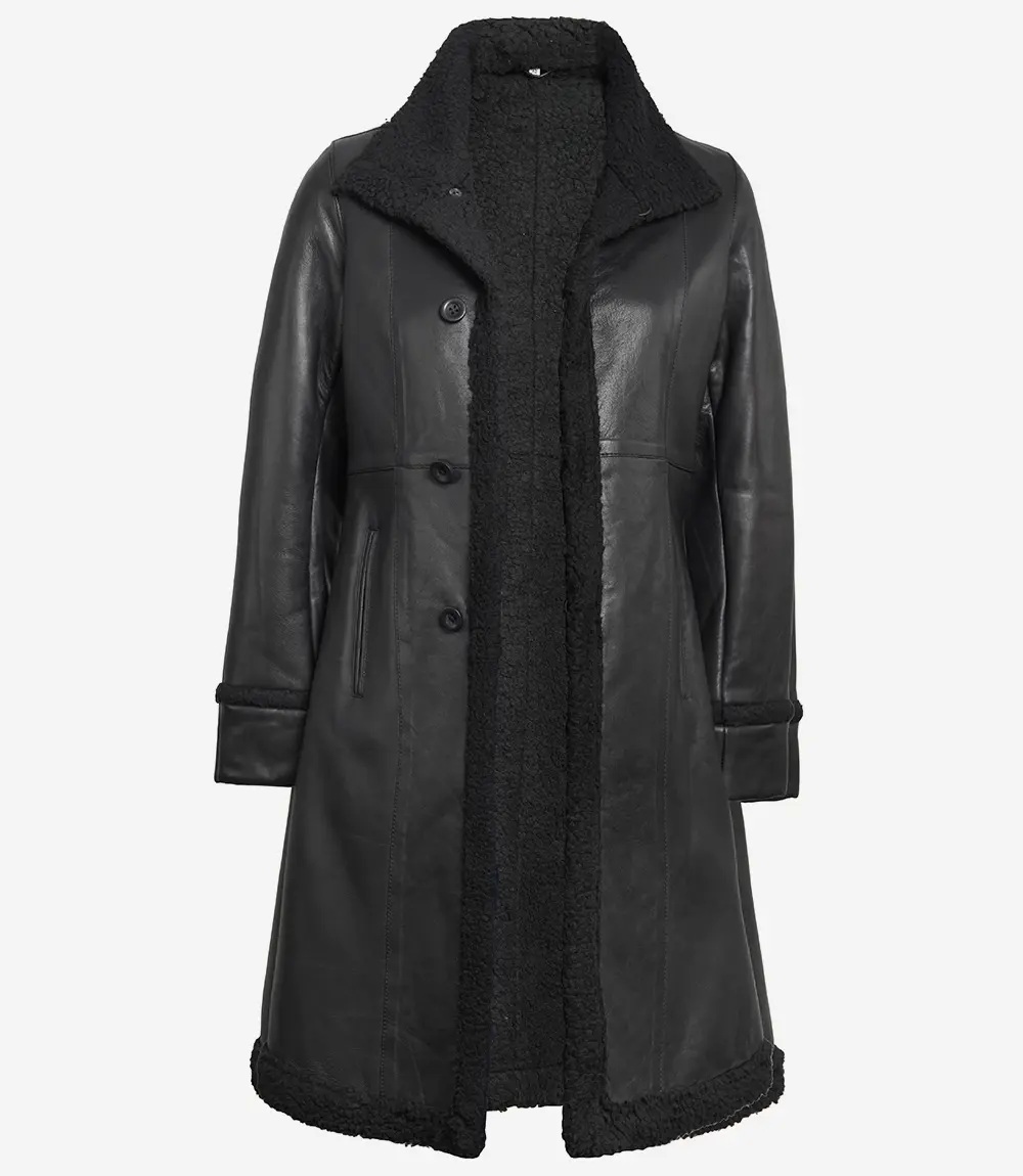 Women's Black Real Leather Shearling Coat