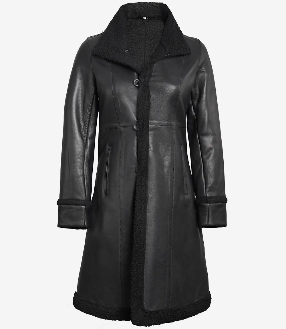 Women's Black Real Leather Shearling Coat