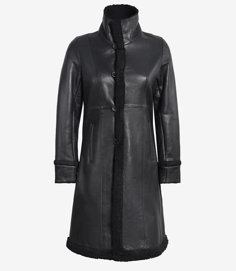 Women's Black Real Leather Shearling Coat