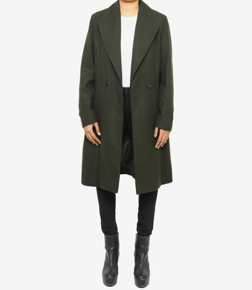 Women's Dark Green Wool Coat - Double Breasted