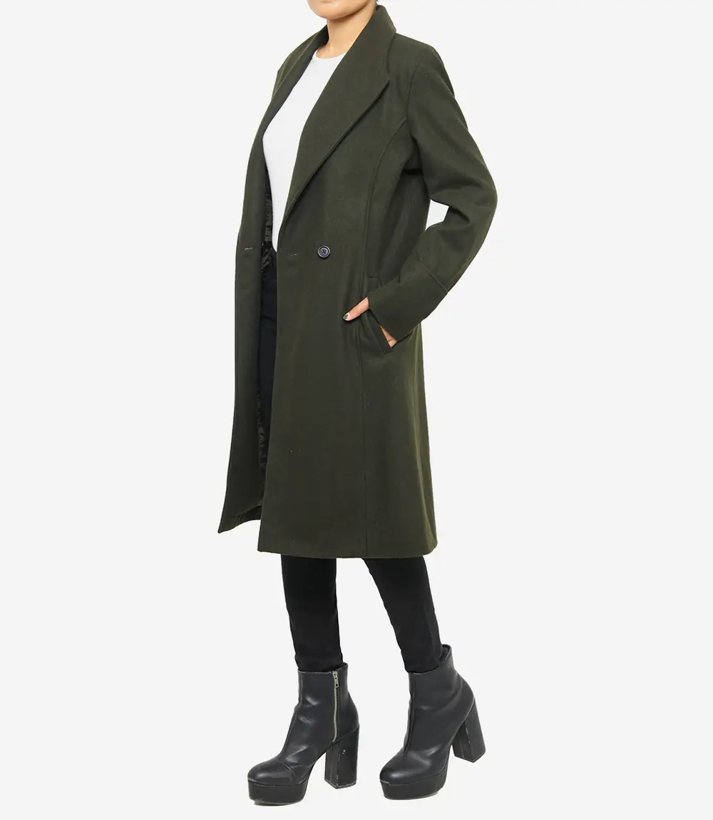 Women's Dark Green Wool Coat - Double Breasted