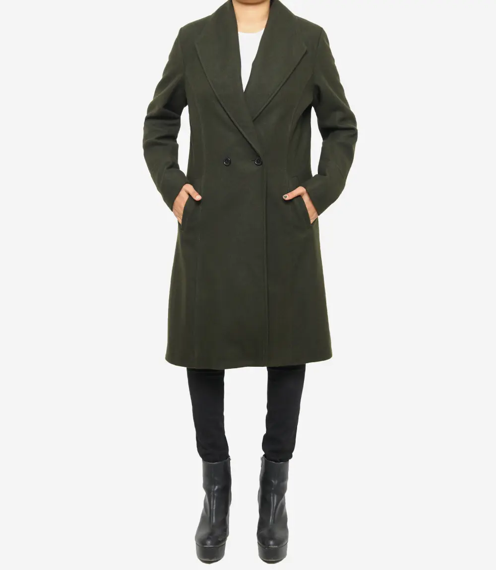 Women's Dark Green Wool Coat - Double Breasted