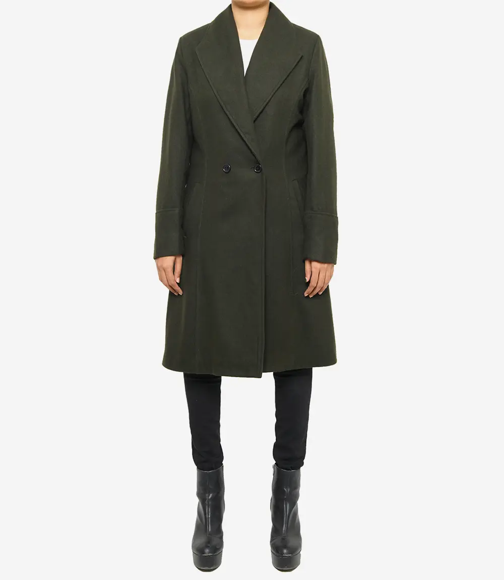 Women's Dark Green Wool Coat - Double Breasted