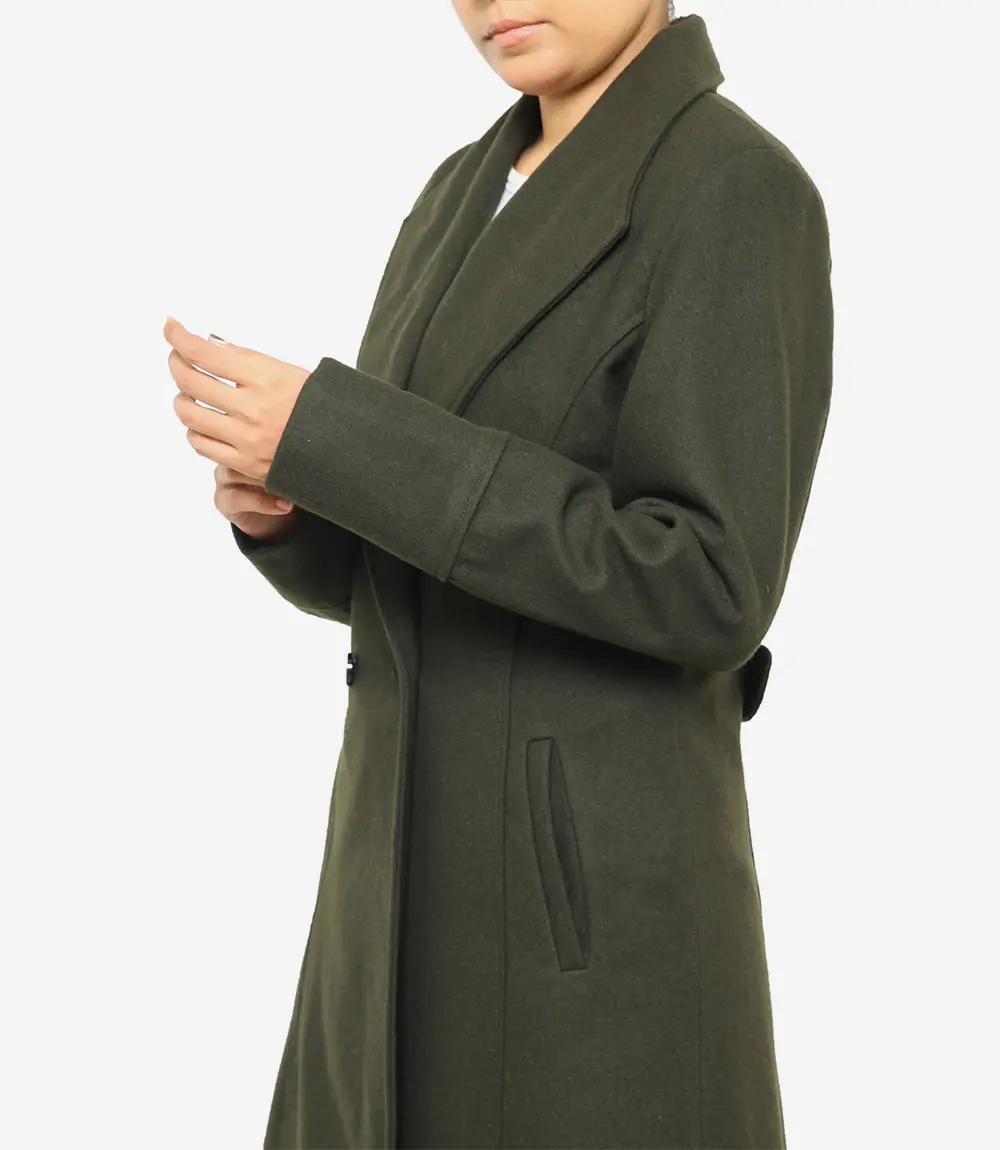 Women's Dark Green Wool Coat - Double Breasted