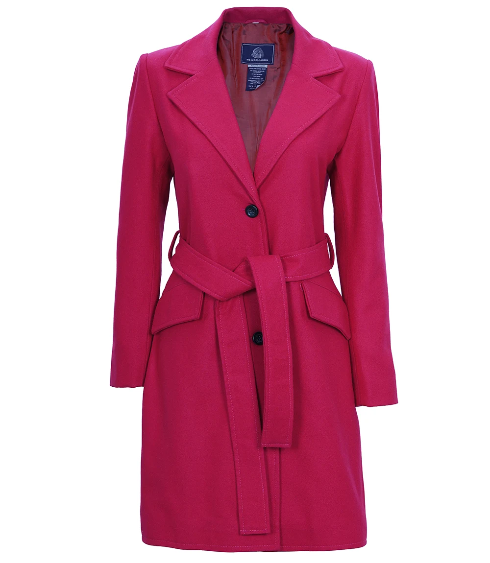 Women's Pink Notch Lapel Wool Wrap Coat