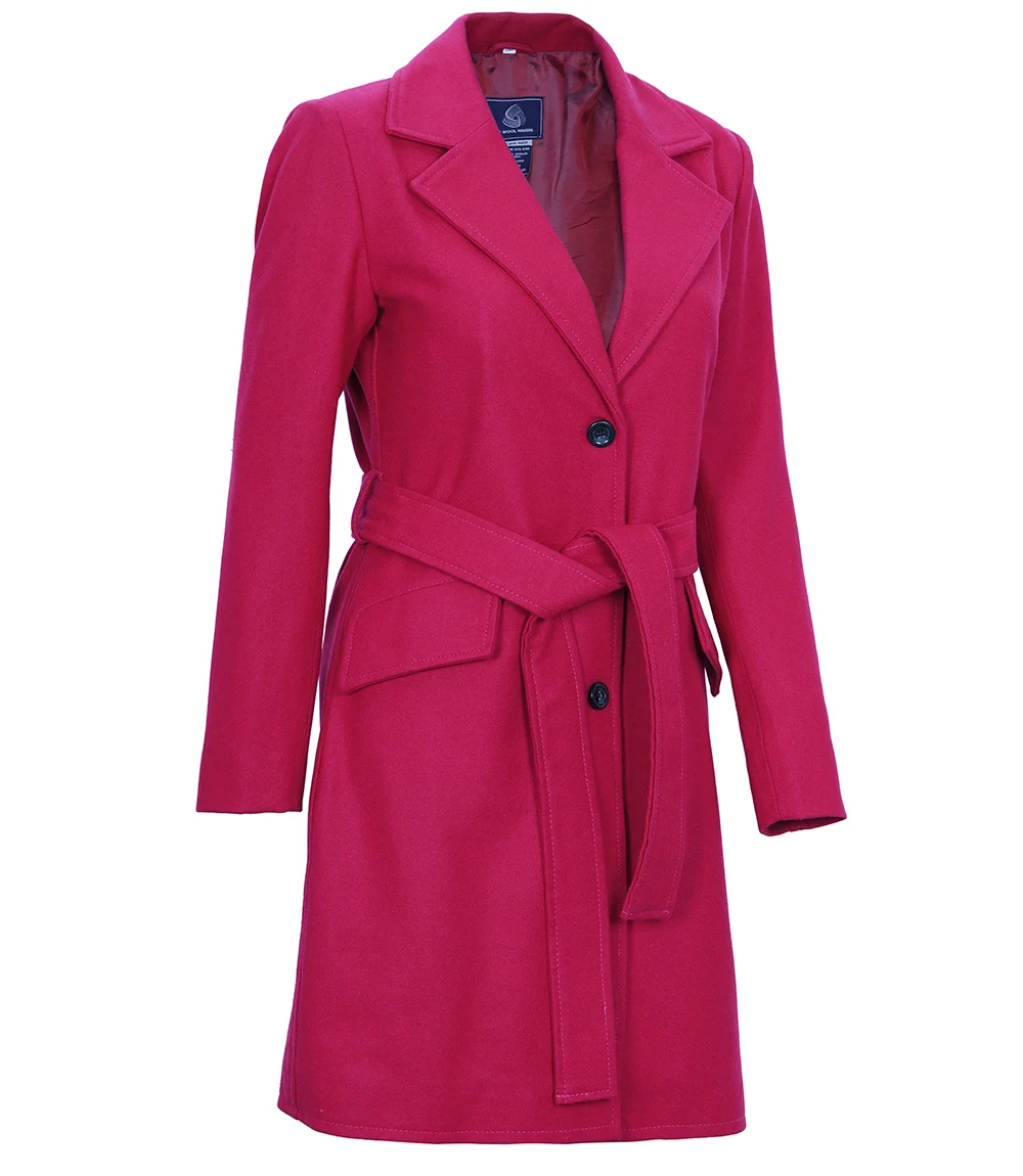 Women's Pink Notch Lapel Wool Wrap Coat