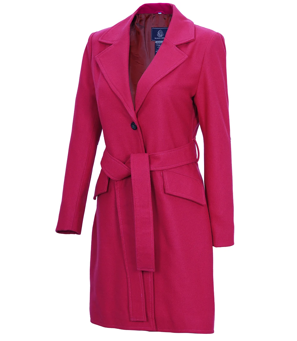 Women's Pink Notch Lapel Wool Wrap Coat