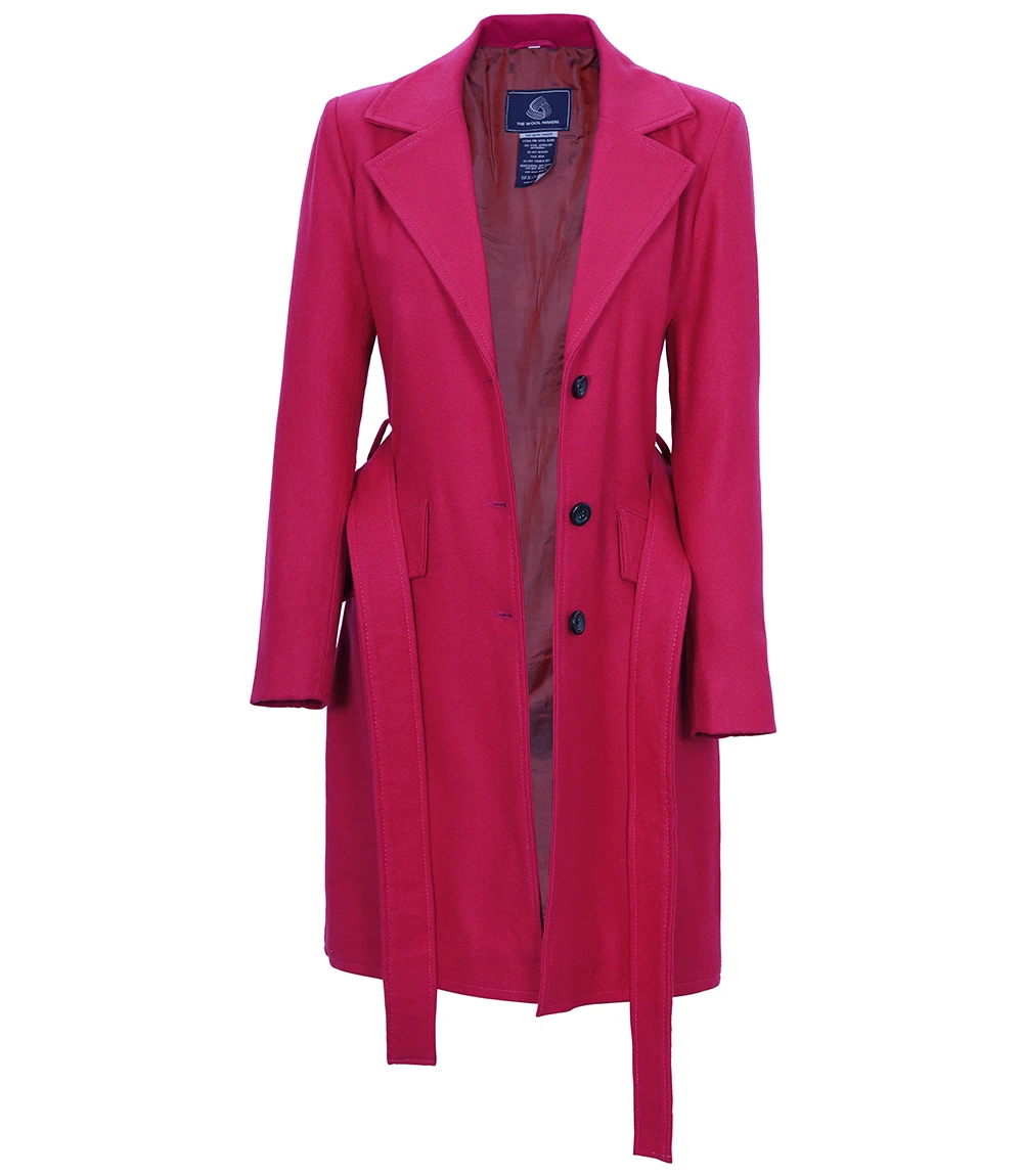 Women's Pink Notch Lapel Wool Wrap Coat