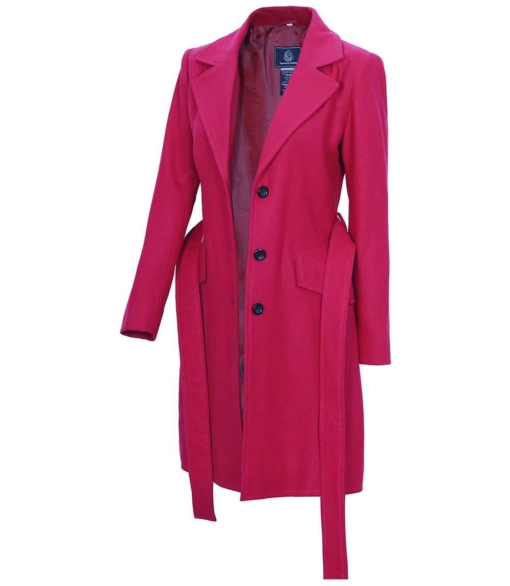 Women's Pink Notch Lapel Wool Wrap Coat