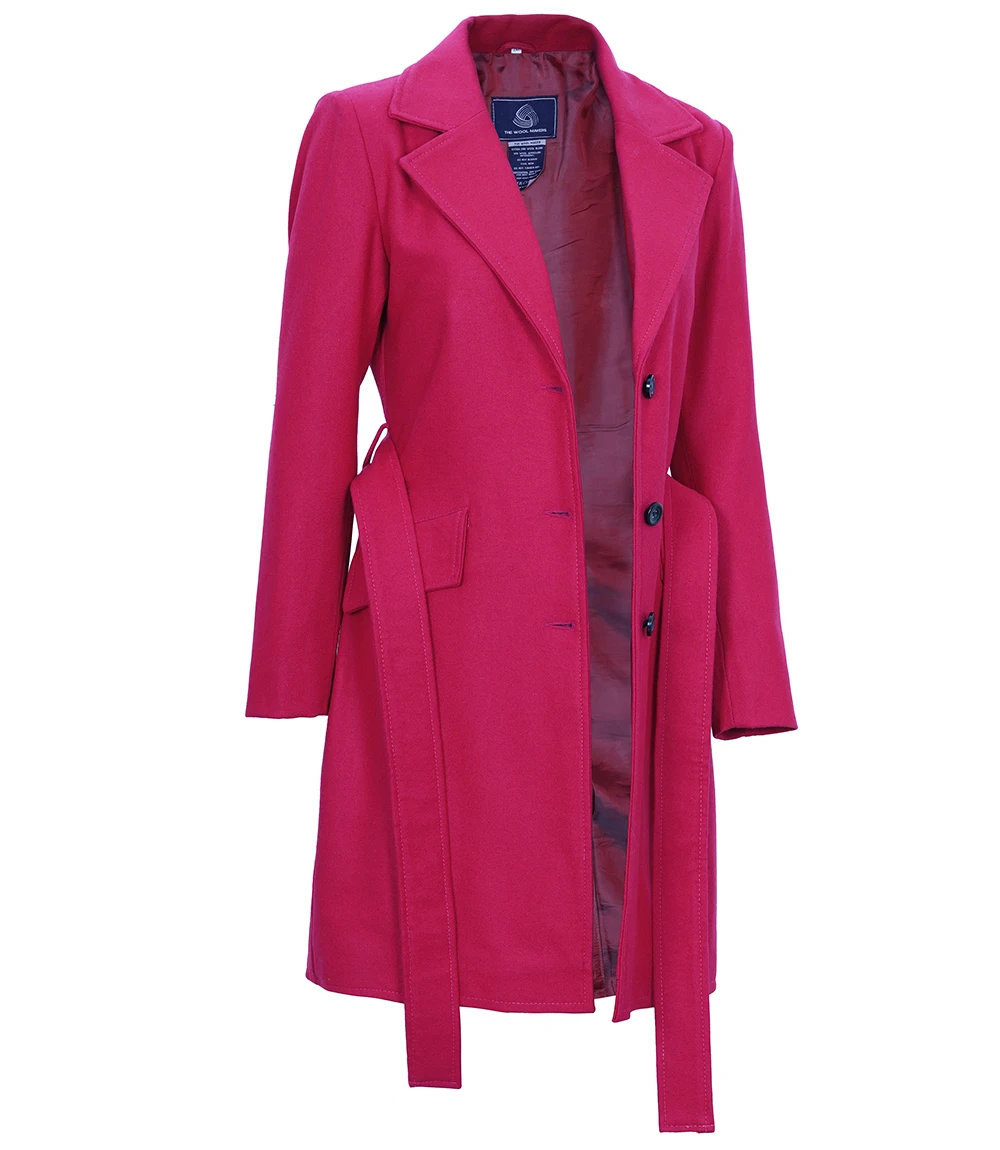 Women's Pink Notch Lapel Wool Wrap Coat