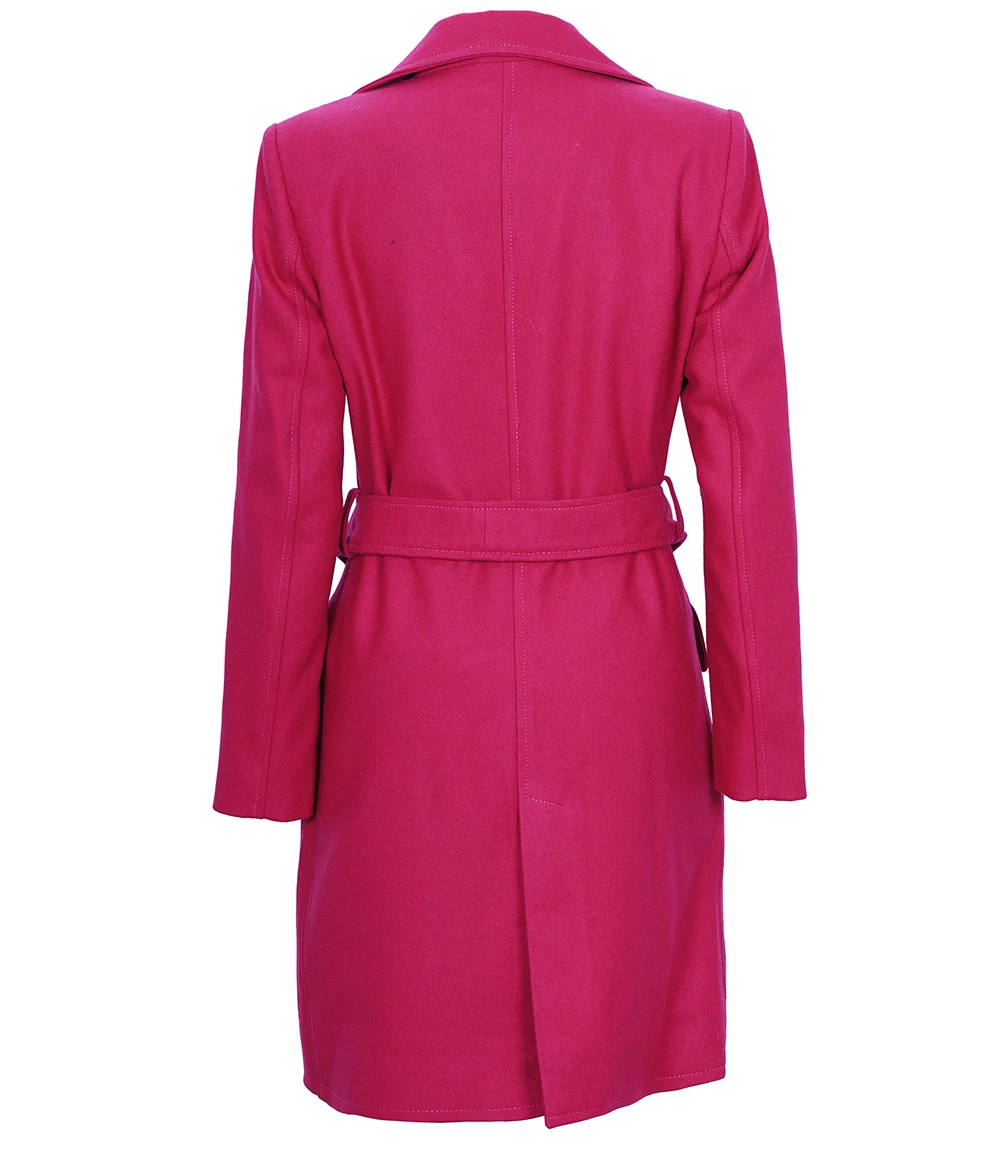 Women's Pink Notch Lapel Wool Wrap Coat