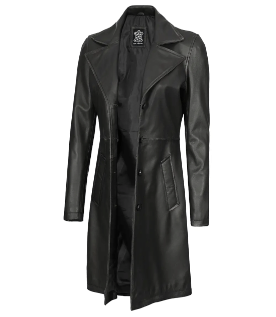 Women's Tall Black 3/4 Length Leather Coat