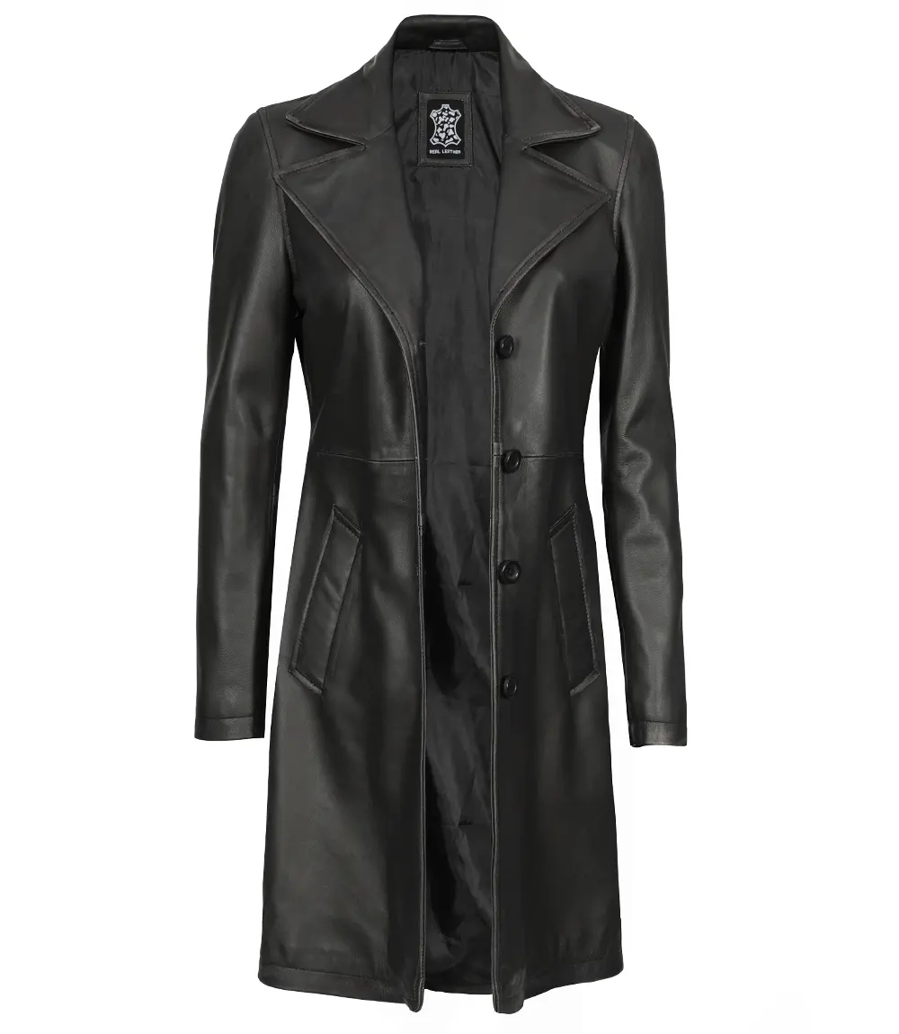 Women's Tall Black 3/4 Length Leather Coat