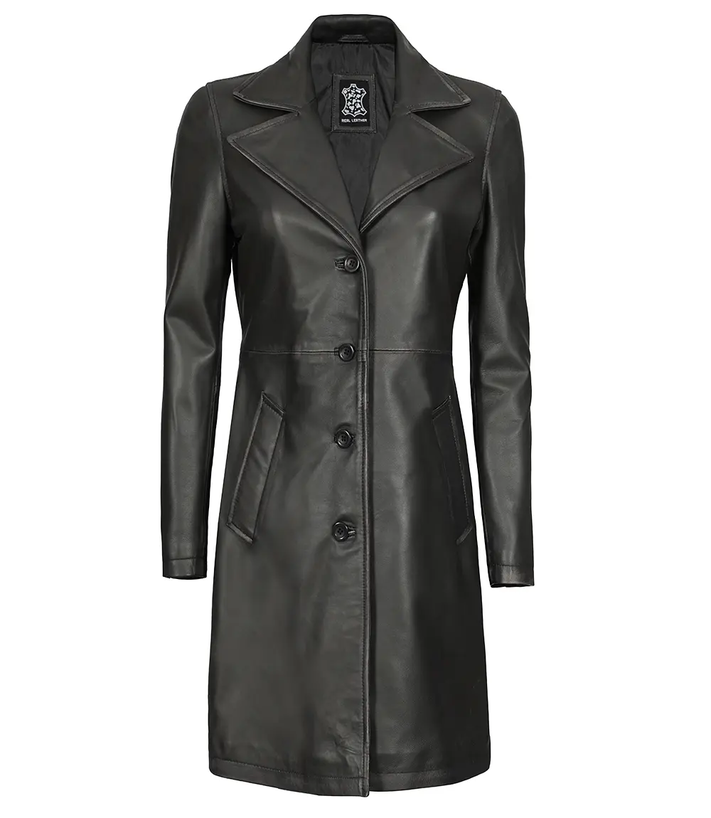 Women's Tall Black 3/4 Length Leather Coat