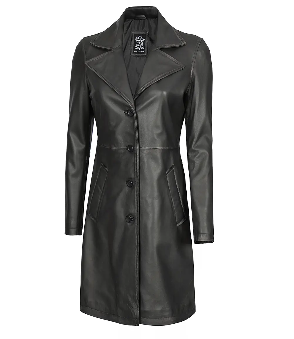 Women's Tall Black 3/4 Length Leather Coat