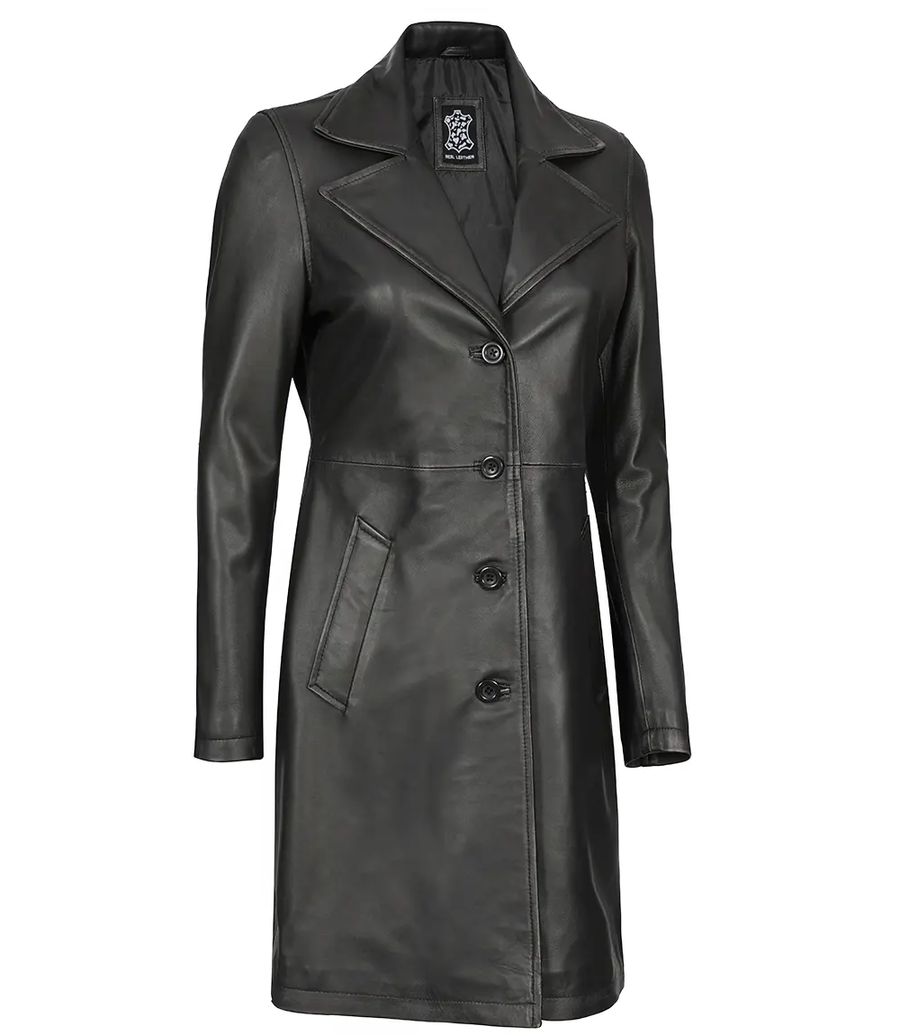 Women's Tall Black 3/4 Length Leather Coat