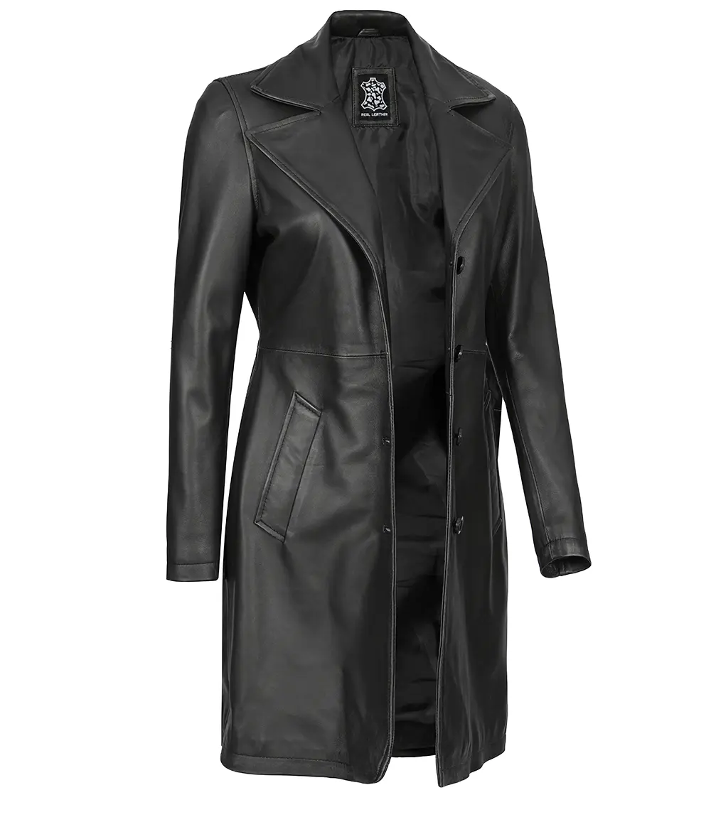 Women's Tall Black 3/4 Length Leather Coat