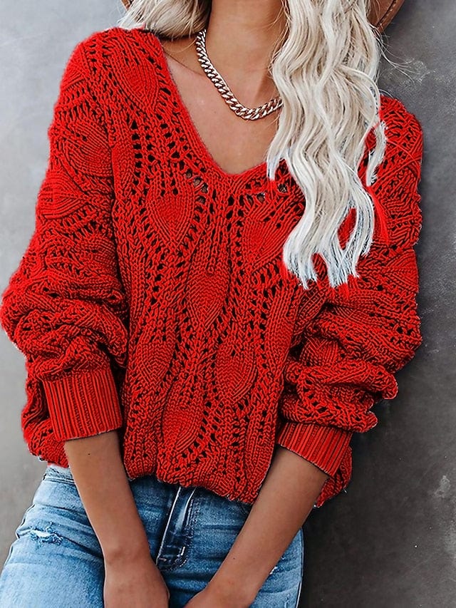 Women's V-Neck Crochet Knit Sweater with Hollow Out Design