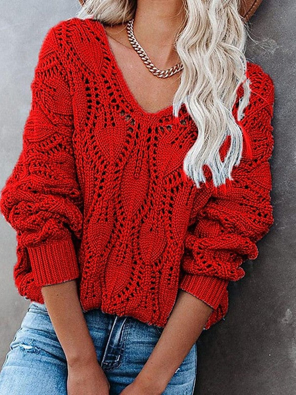 Women's V-Neck Crochet Knit Sweater with Hollow Out Design