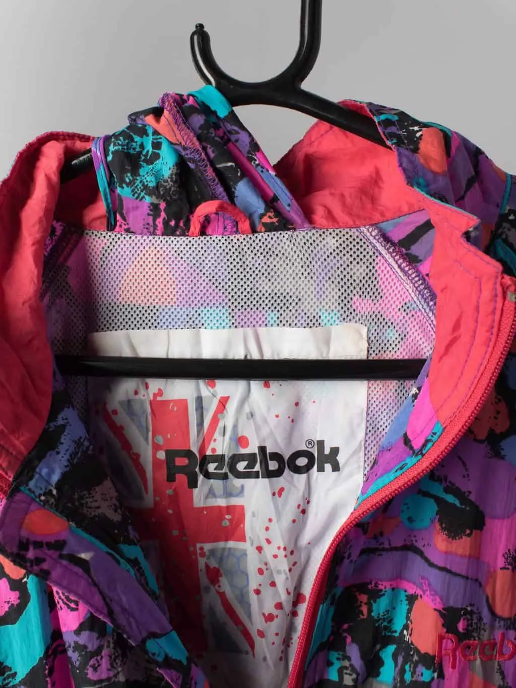 Womens Vintage 90s Reebok windbreaker jacket in crazy pink and purple pattern – Large