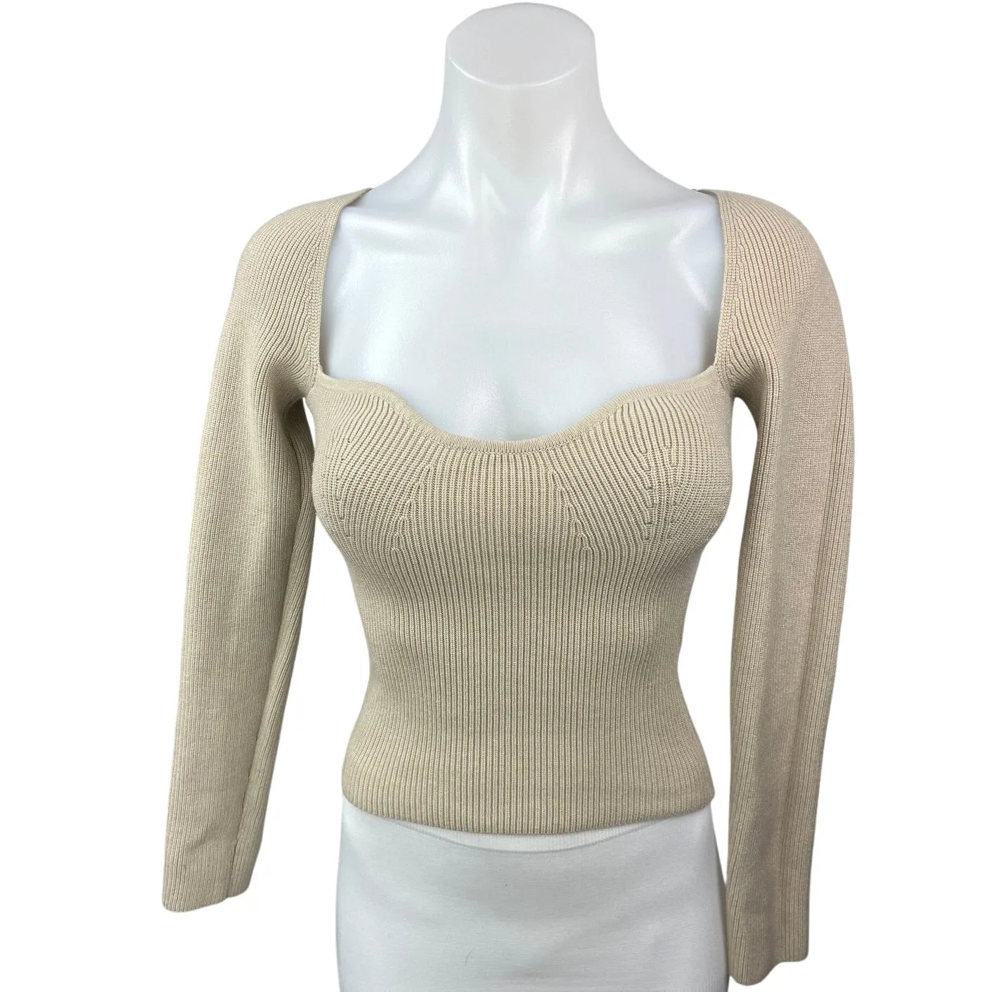 Zara Beige Sweetheart Neck Slim Fitted Stretch Knit Long Sleeve Sweater Top S