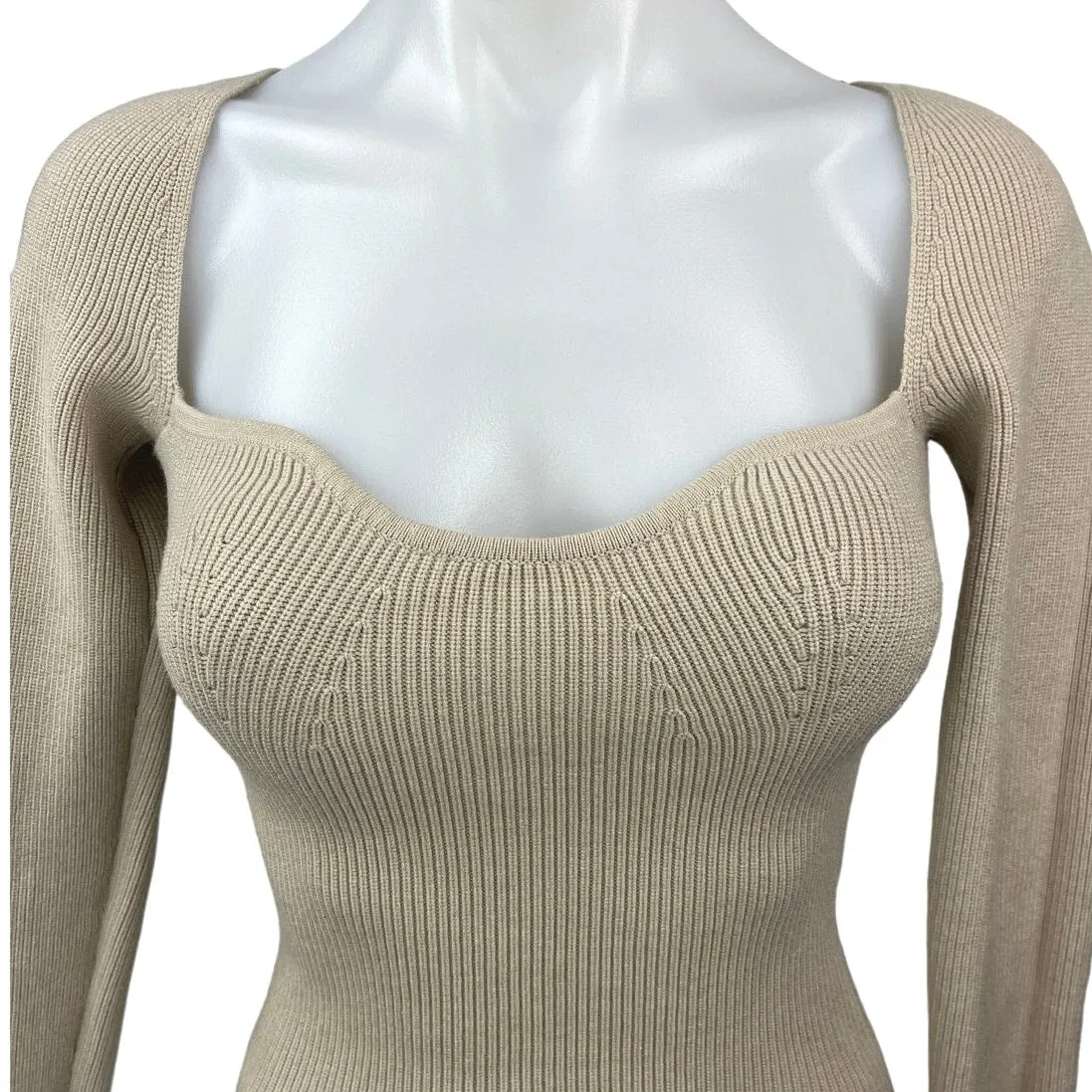 Zara Beige Sweetheart Neck Slim Fitted Stretch Knit Long Sleeve Sweater Top S