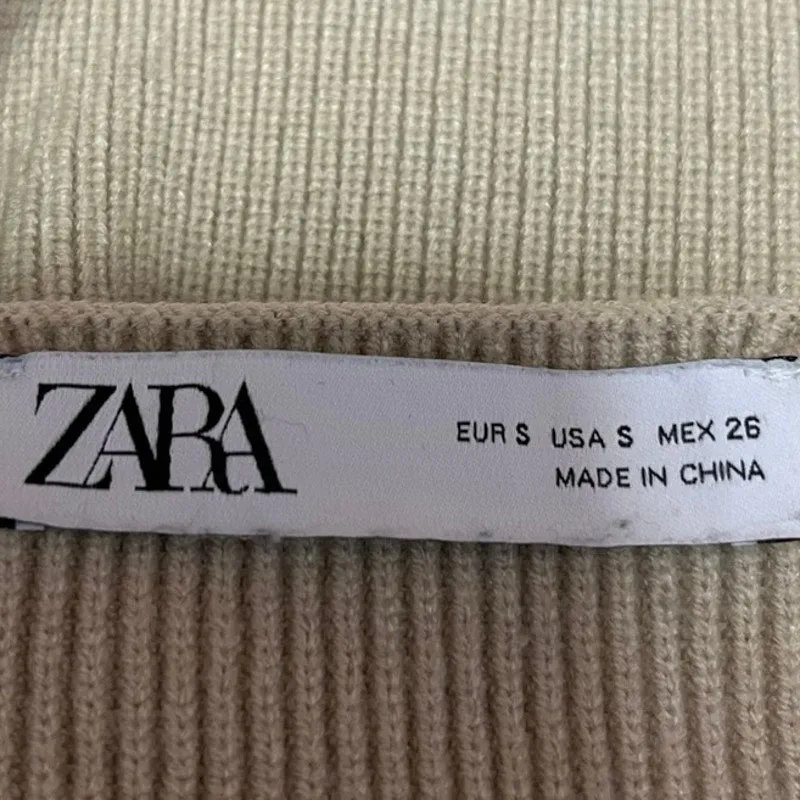 Zara Beige Sweetheart Neck Slim Fitted Stretch Knit Long Sleeve Sweater Top S